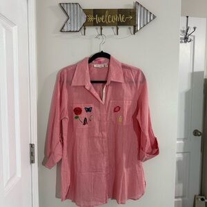 Cotton Daisy Striped Shirt with Embroidered Patches Size Medium